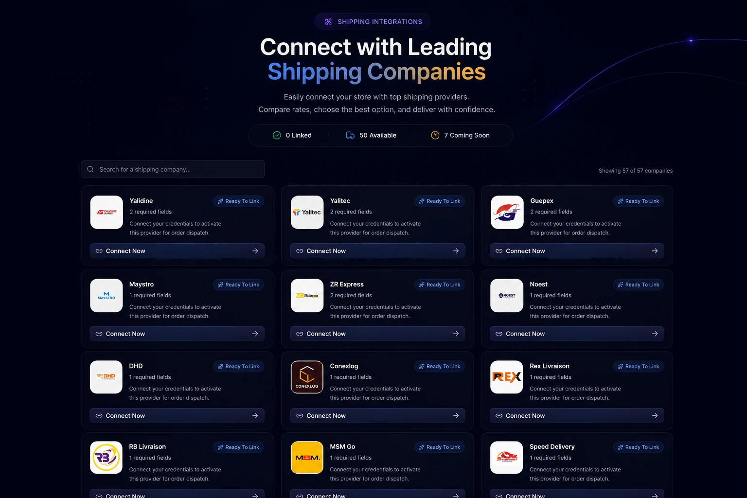 Shipping company integrations screen preview