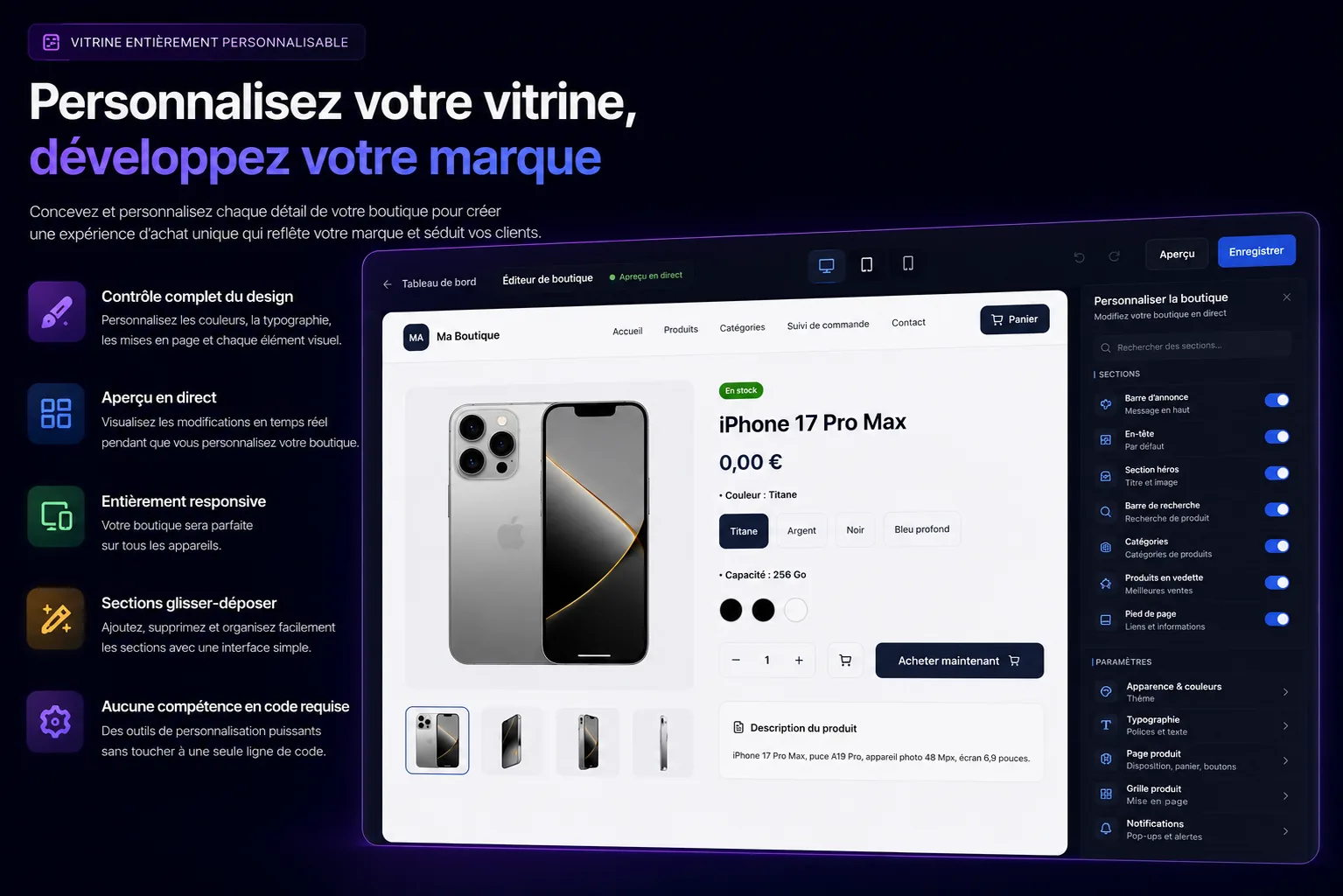 Aperçu de l’éditeur de personnalisation de la boutique
