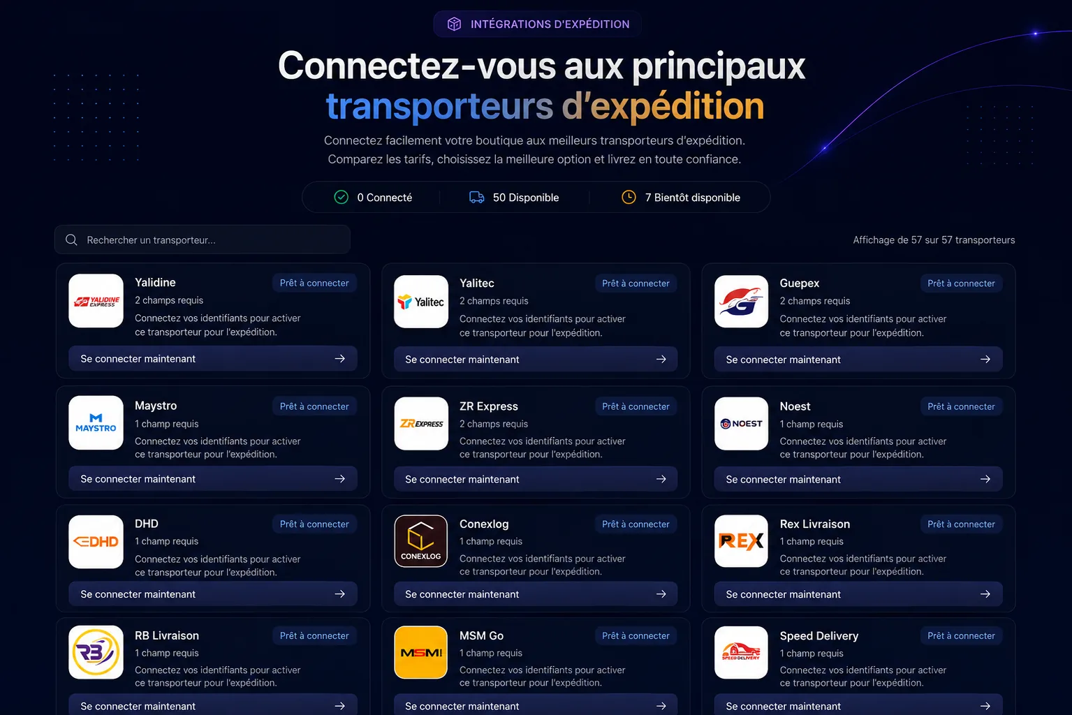Aperçu de l’écran des intégrations transporteurs